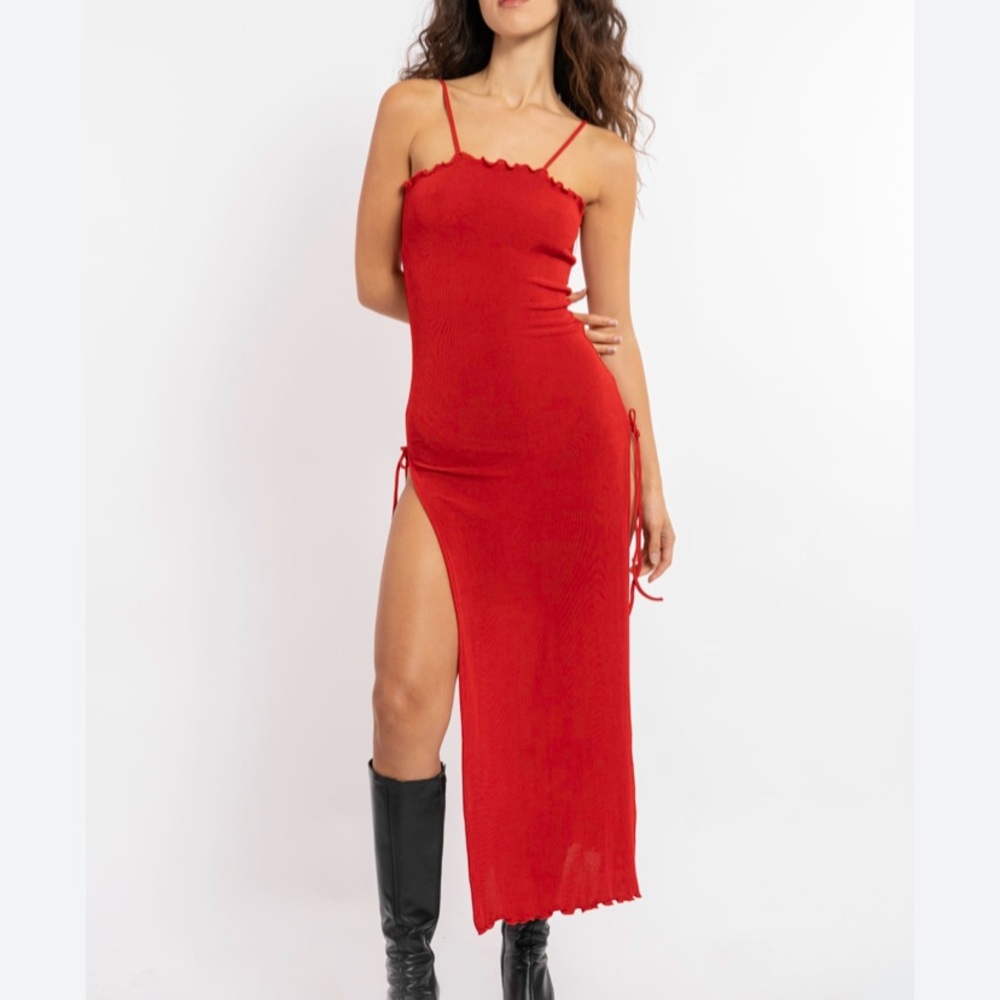 Samantha Red Long Jersey Dress with slits and ties